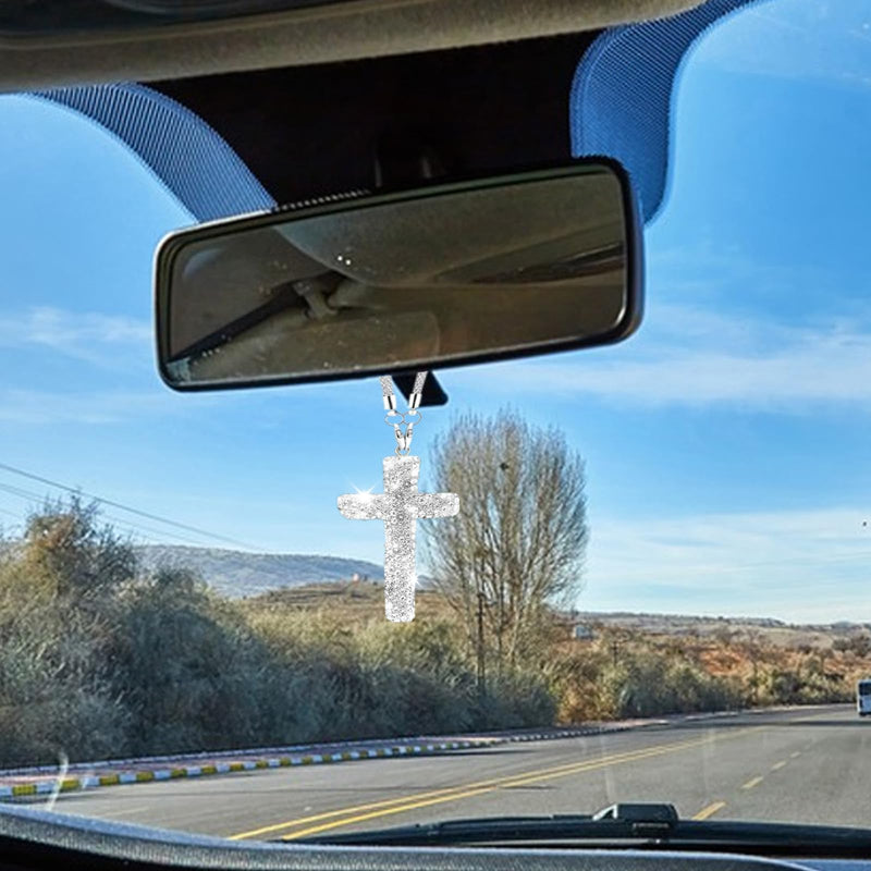 Bling Car Rear View Mirror Accessories Hanging Pendant,Cross Crystal Rhinestone For Car Mirror Hanging,Double-Sided Cross Diamond Religious,Interior Men Women Car Accessories Silver White