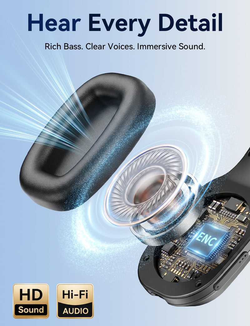 Bluetooth Headset with Mic, 60 Hours Talking Time Single-Ear Wireless Headset, ENC Noise Canceling, One-Touch Mute, Dual-Device Connection for Truck Driver, Office, Call Center, Phone/PC, Black