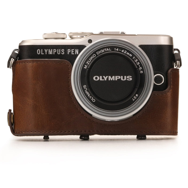 MegaGear Ever Ready Leather Camera Case Compatible with Olympus Pen E-PL10, E-PL9 (14-42mm) One Size Dark Brown