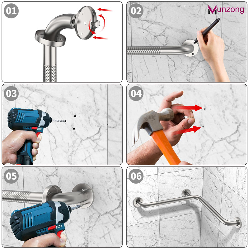 16 Inch Angled Shower Grab Bar, Munzong Anti Slip Satin Brushed Nickel Bathroom Grab Bar, L-Shaped Knurled Balance Bar, Safety Hand Rail Support Handicap Elderly Injury Senior Assist Bath Handle