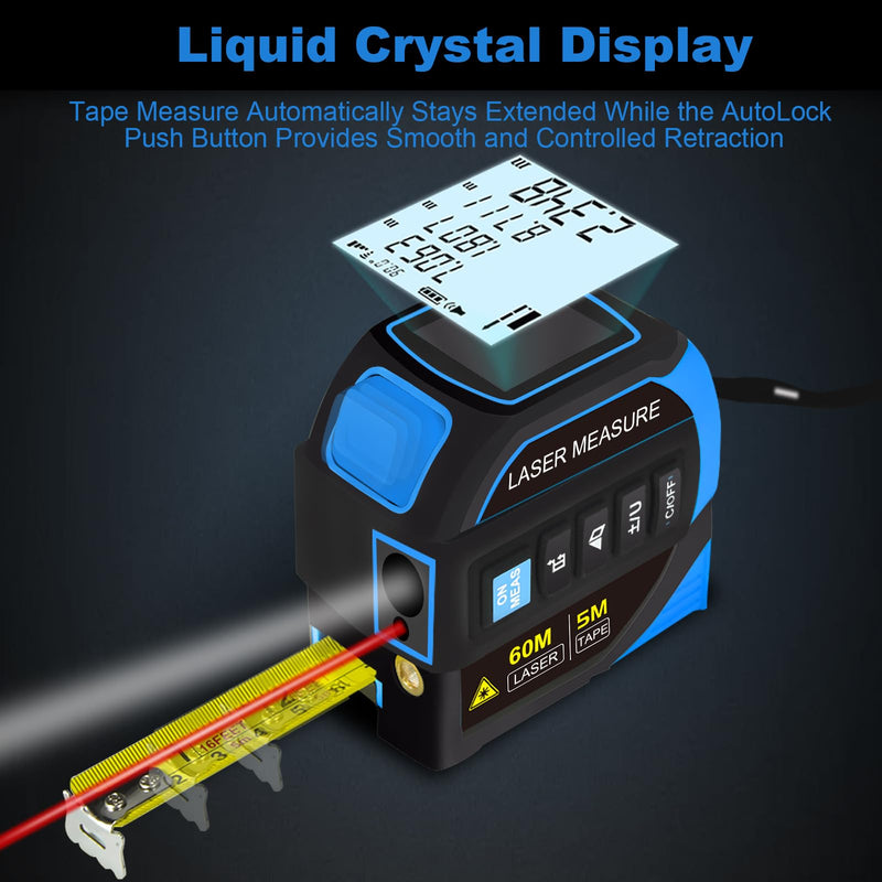 Menider 4-in-1 Laser Measure Tool - Digital LCD & Self-Locking, 196ft/60m Laser & 16ft/5m Tape, Cross Line & Dual-Axis Angle, Rechargeable for Pros