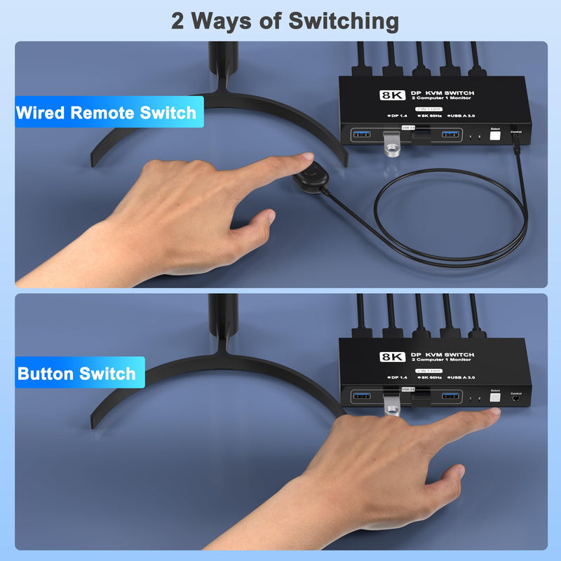 8K@60Hz DisplayPort KVM Switch 1 Monitors 2 Computers, USB KVM Switches with 4 USB 3.0 Ports Sharing Keyboard Mouse Printer, Display Port Switch 2 in 1 Out, Monitors Switcher for 2 Computers