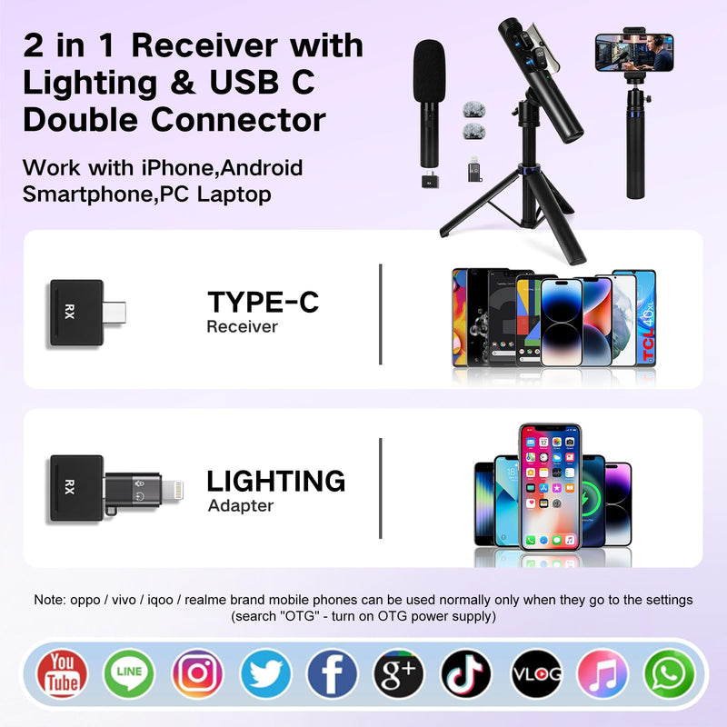 4-in-1 Mini Wireless Lavalier Microphone & Desk Stand,Interview Microphone for iPhone/Android/Tablets,Mini Mic with Charging Case for Podcast,Streaming