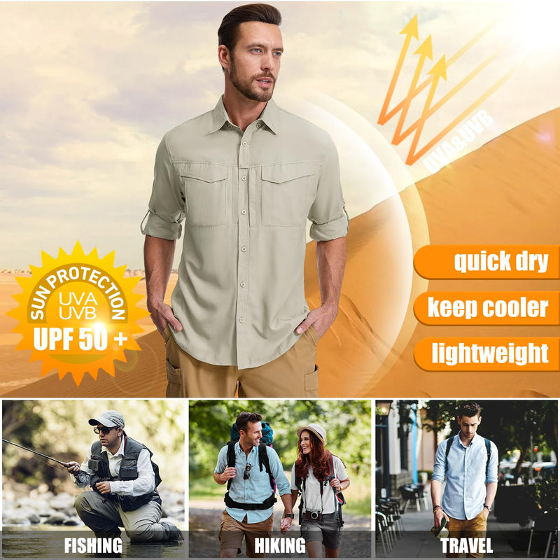 mixtiq Men's Sun Protection Safari Shirts Long Sleeve UPF 50 UV Quick Dry Travel Hiking Fishing Shirts with Zipper X-Large Light Khaki