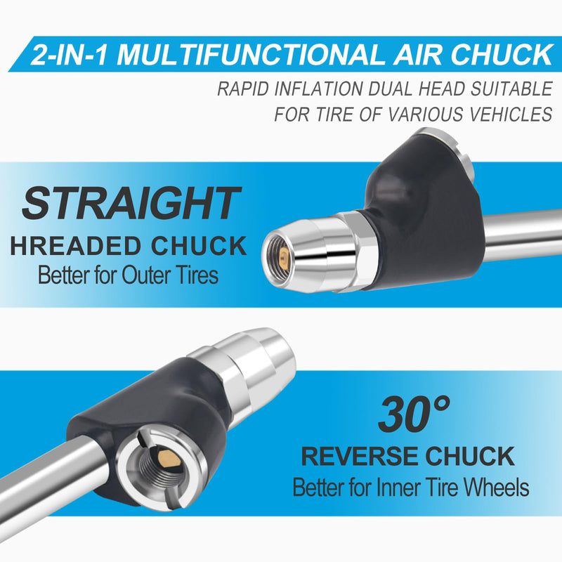 Closed Air Chuck 1/4" FNPT Dual Head 2-Way Connection 9.4" Extended Tire Chuck with Rubber Handle for Tire Inflator Air Pump Compressor Accessories Leak Free 1954B-23