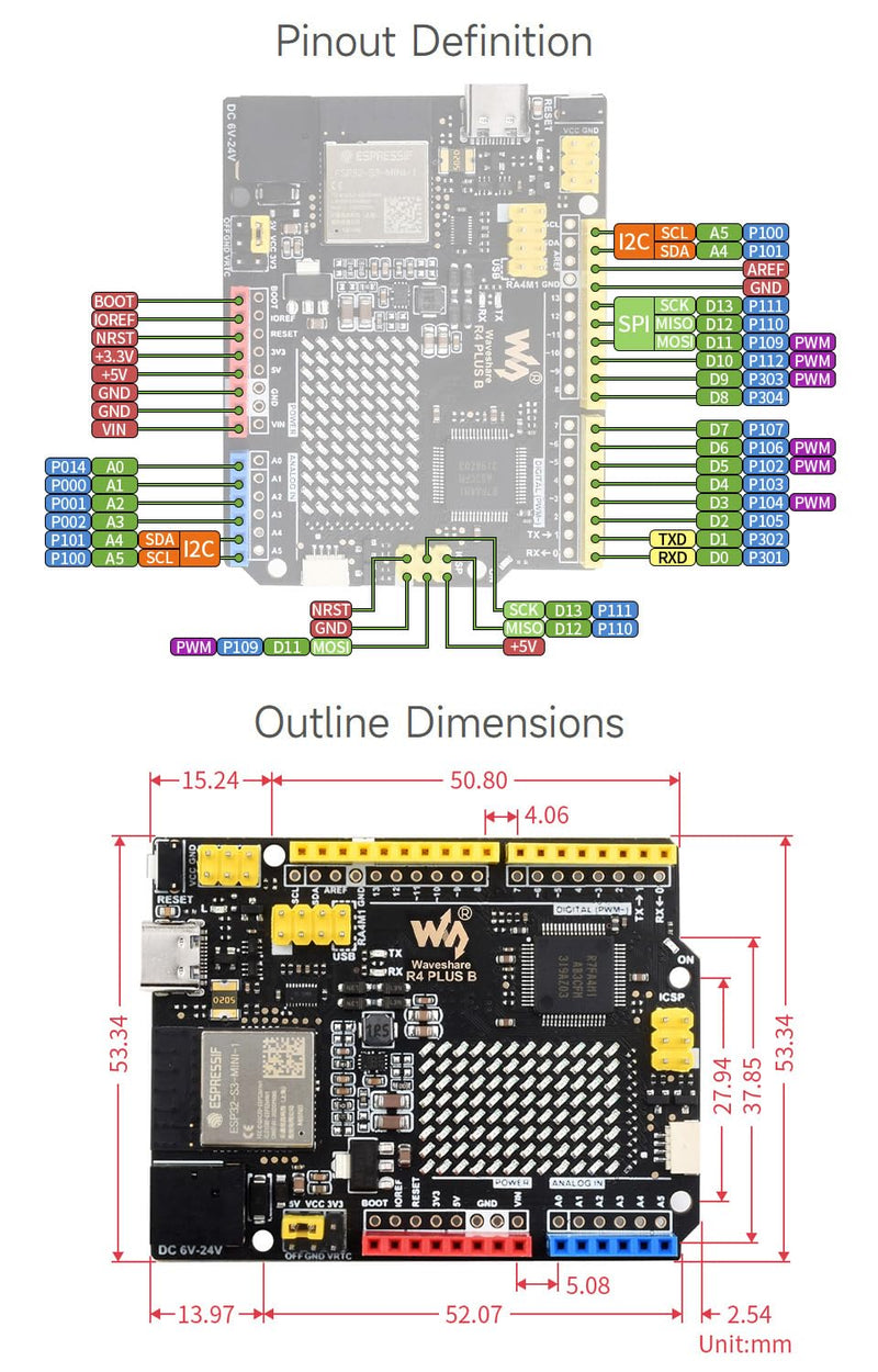 Waveshare R7FA4 Plus B Development Board, Based On R7FA4M1AB3CFM, Equipped with ESP32-S3FN8, Compatible with Arduino UNO R4 WiFi, Onboard 12×8 LED Matrix