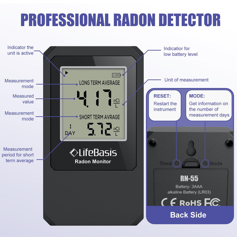LifeBasis Radon Detector, Radon Test for Home with Long and Short Term Radon Meter, Home Radon Gas Monitor US Version-pCi/L (Update Version, Matte Black)