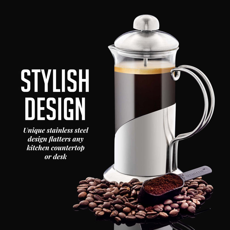 OVENTE French Press Coffee Maker 12 Ounce, 4 Level Stainless Steel Filter System & Heat Resistant Borosilicate Glass, Scoop included, Silver FSL12S