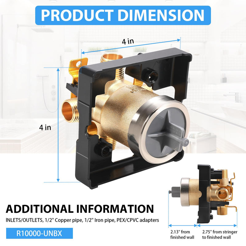 R10000-UNBX MultiChoice Universal Shower Valve Body, Rough-in Tub and Shower Valve Compatible with Delta 13/14, 17, 17T Series Trim Kits, 1/2-Inch Universal Inlets for PEX, Copper, CPVC R10000-UNBX