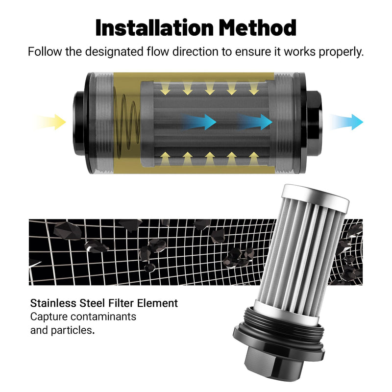EVIL ENERGY Inline Fuel Filter 10 Micron with Barb 1/2", 3/8", 5/16" Fitting Adapter, Bracket Clamp 50MM Universal Aluminum Black for Gasoline, Diesel, Rubber Fuel Line