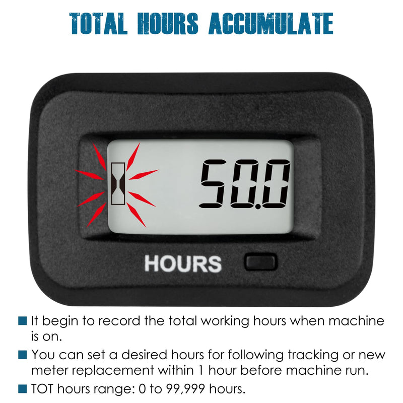 Runleader Digital LCD Hour Meter,AC/DC 5V to 277V for Lawn Mower Generator Motorcycle Golf Cart Forklift Scrubber Machine etc.