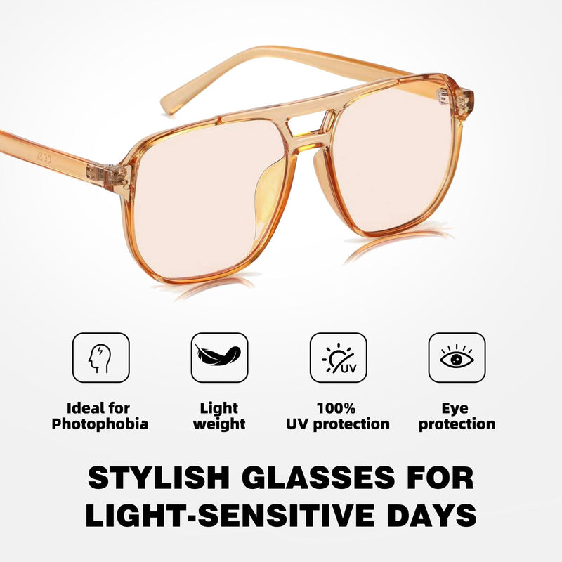 2 Pack Rose Tinted Fluorescent-41 Migraine Glasses for Light Sensitivity,Indoor and Outdoor Fluorescent LED Eyewear 2 Pack (25% + 50% Rose Tinted Lens) - Champagne Frame