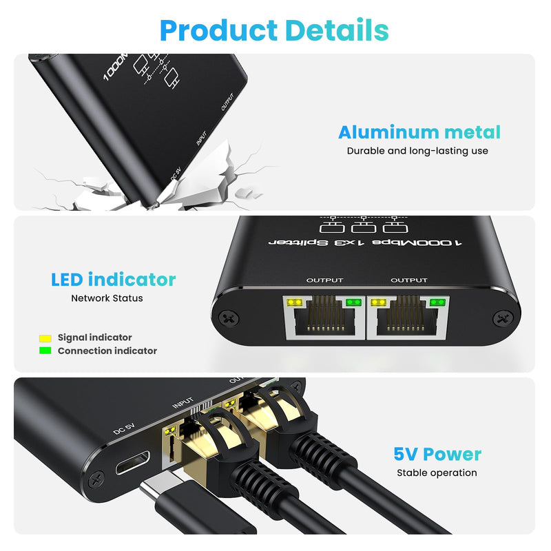 Ethernet Splitter 1 to 3, High Speed Gigabit 1000Mbps, LAN Network Splitter with USB Power Cable, Gigabit RJ45 Internet Ethernet Splitter for Cat 5/5e/6/7/8 Cable [3 Devices Networked Simultaneously] Ethernet Splitter-1 auf 3