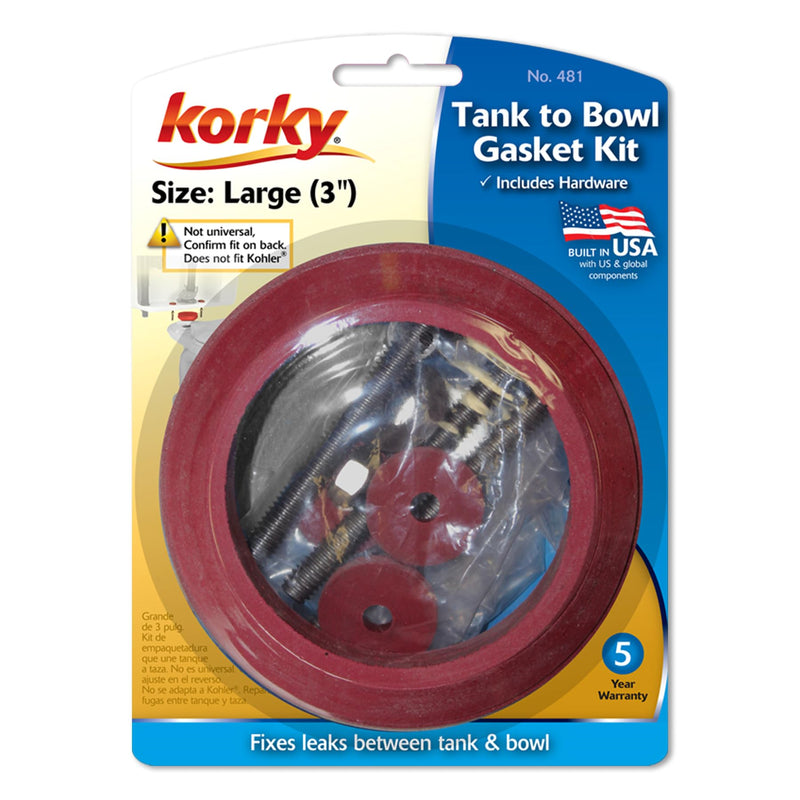 Korky 481BP Universal Toilet Tank To Bowl Gasket & Hardware Kit - Fits Most 3-Inch, 2-Piece Toilet Tanks - Made in USA , Red , Large (3") Large (3") Gasket + Hardware