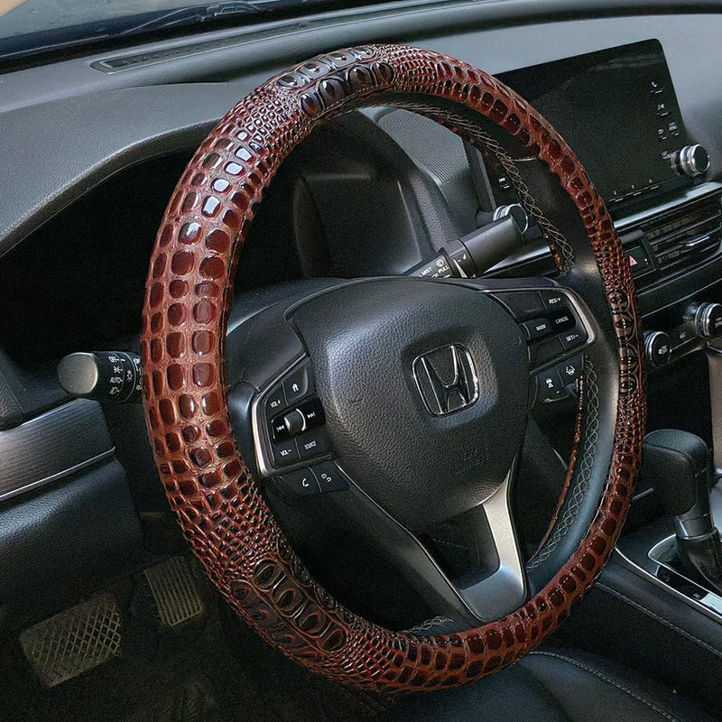 Crocodile Grain Leather Four Seasons Universal Car Steering Wheel Cover Sport Cute Handle Case for Men Auto Interior Accessories, Brown Coffee