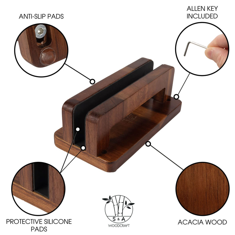 S&A WOODCRAFT Brown Acacia Wood Vertical Laptop Stand, Adjustable Wooden Laptop Holder, Non-Slip Laptop Dock Compatible with Apple MacBook, Microsoft Surface, Gaming Laptops, IPad, Tablets 1 Slot