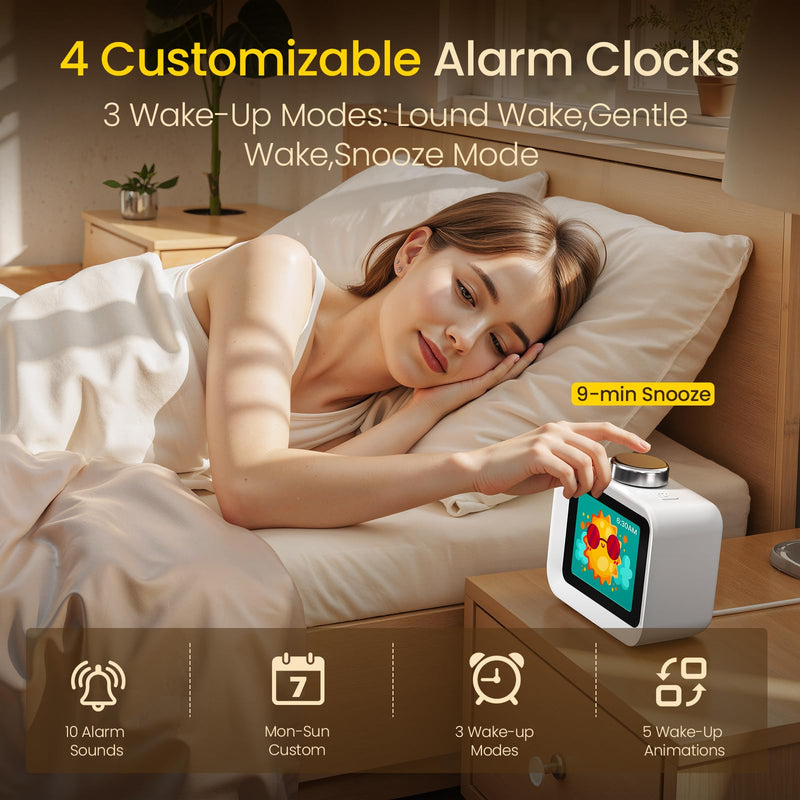 AIRIVO Alarm Clock, Colorful LCD Display with 8 Visual Themes, 4 Digital Alarms with 30 White Noise for Bedrooms, 112dB Loud Alarm Clock with Hourly Chime for Heavy Sleepers, Gift for Kids Teens