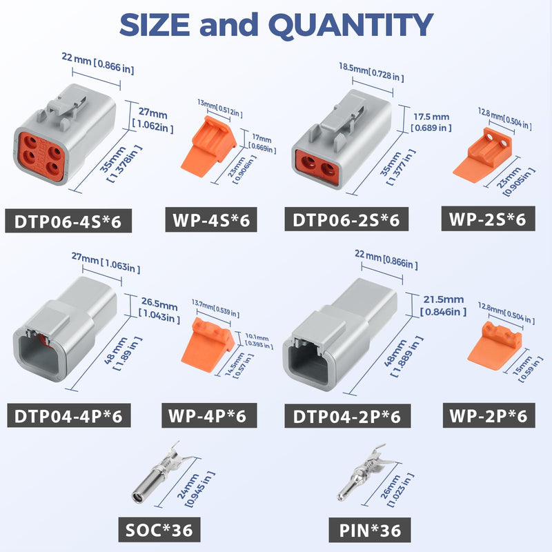 120 PCS Deutsch DTP Connector Kit 2 4 Pin Automotive Waterproof Connectors 12 sets with Size 12 Stamped Contacts Gauge 14-12 AWG Wire Size,25A 2Pin+4Pin-6 Set