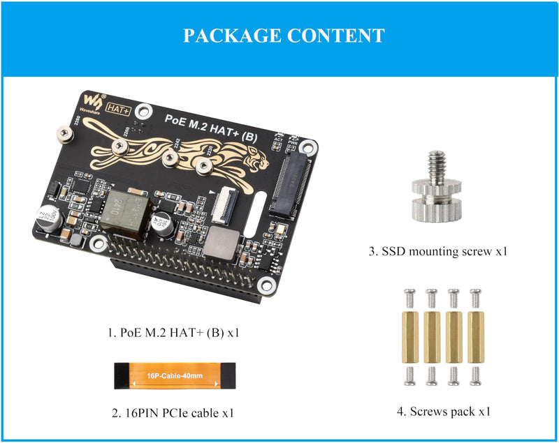 PCIe to M.2 Adapter with PoE Function Compatible with Raspberry Pi 5, Pi 5 NVMe PoE HAT+ Support NVMe M.2 Solid State Drive SSD 2230/2242/2260/2280, High-Speed Reading/Writing