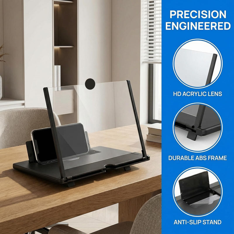 12" Phone Screen Magnifier for Cell Phone, Foldable 3D HD Acrylic Screen Amplifier, Portable Smartphone Screen Enlarger Stand for Movies & Gaming, Universal Phone Stand for All Smartphones (Black)