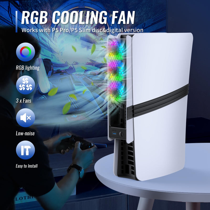 RGB Cooling Fan for PS5 Pro/PS5 Slim – Auto Temperature Control, 5 Lighting Modes, USB 3.0 Port,Compatible with Disc & Digital Edition (Black&White) Black