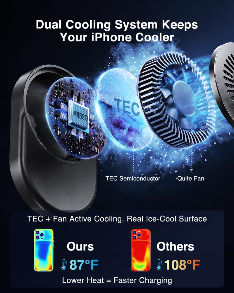 Qi2.2 25W Magnetic Vent Mount Car Charger with TEC Cooling Fan | Strong Magnetic Hold, 360° Adjustable Viewing, Wireless Air Vent Mount with 45W PD Adapter & USB-C Cable, for iPhone 12-17