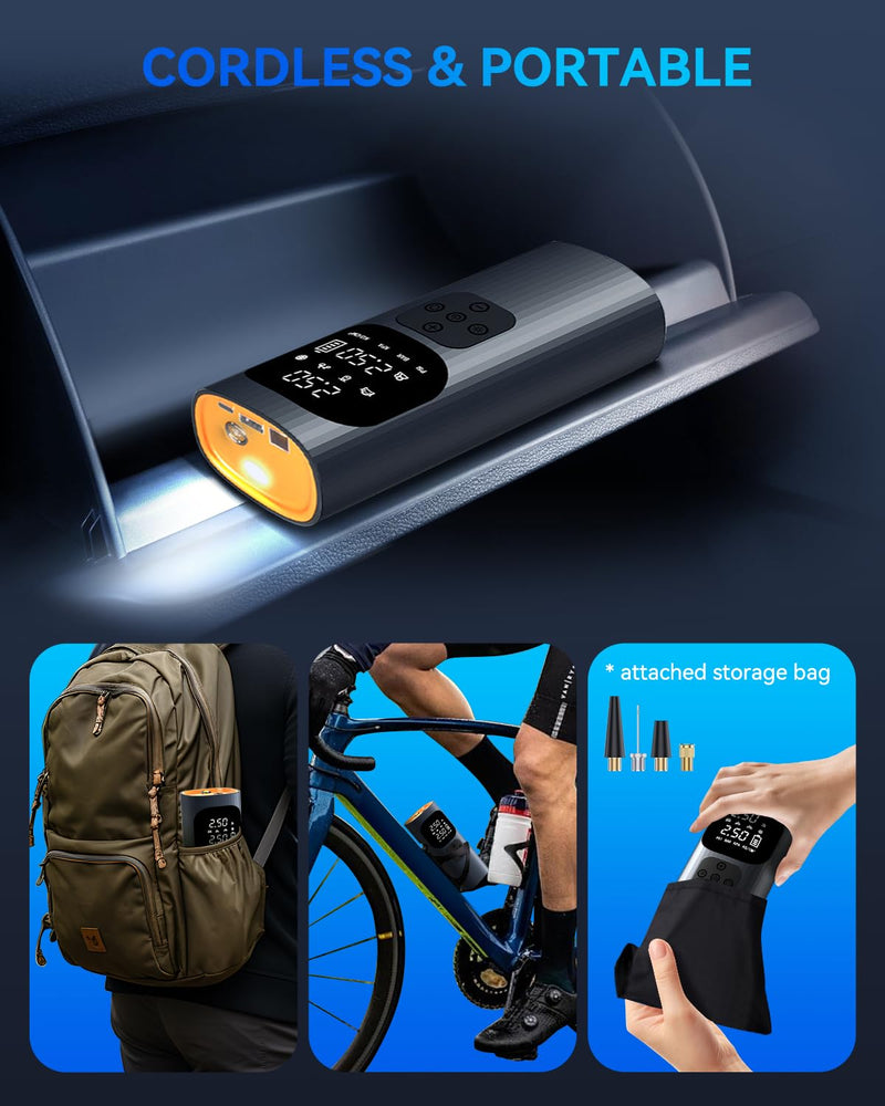 [AUSTRALIA] - Tire Inflator Portable Air Compressor 150 PSI Cordless Car Air Pump, 3X Faster Pump with 6000 mAh Rechargeable Battery, 12V DC, Digital Pressure Gauge, LED Light, For Auto, Bike, Motorcycle, Ball