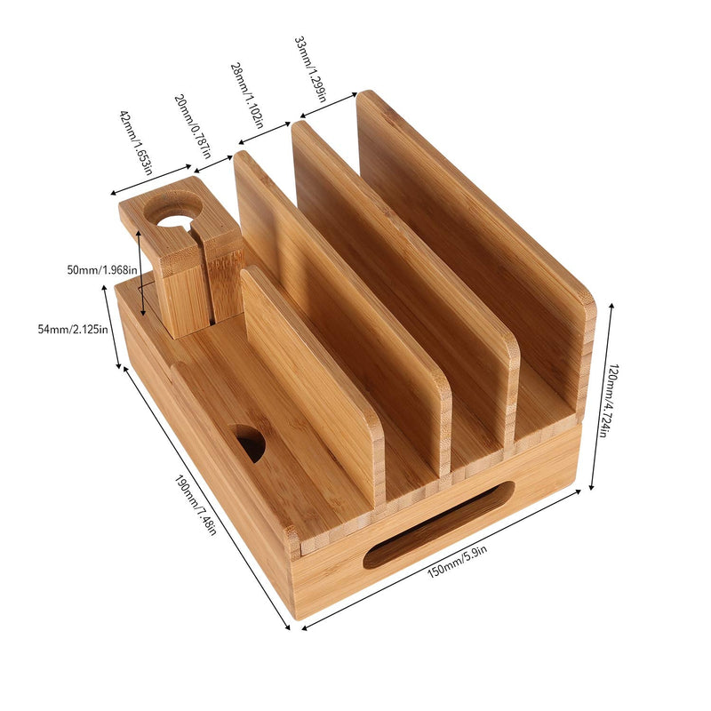 Bamboo Wood Multi-Device Desktop Charging Dock Station Charger Holder Cradle Charge Stand Compatible iPhone 16 15 14 13 Pro Max iPad Mini Pro Air Apple Watch Ulrta 10 9 8 7 6 5 4 3 2 iWatch Smartphone Medium