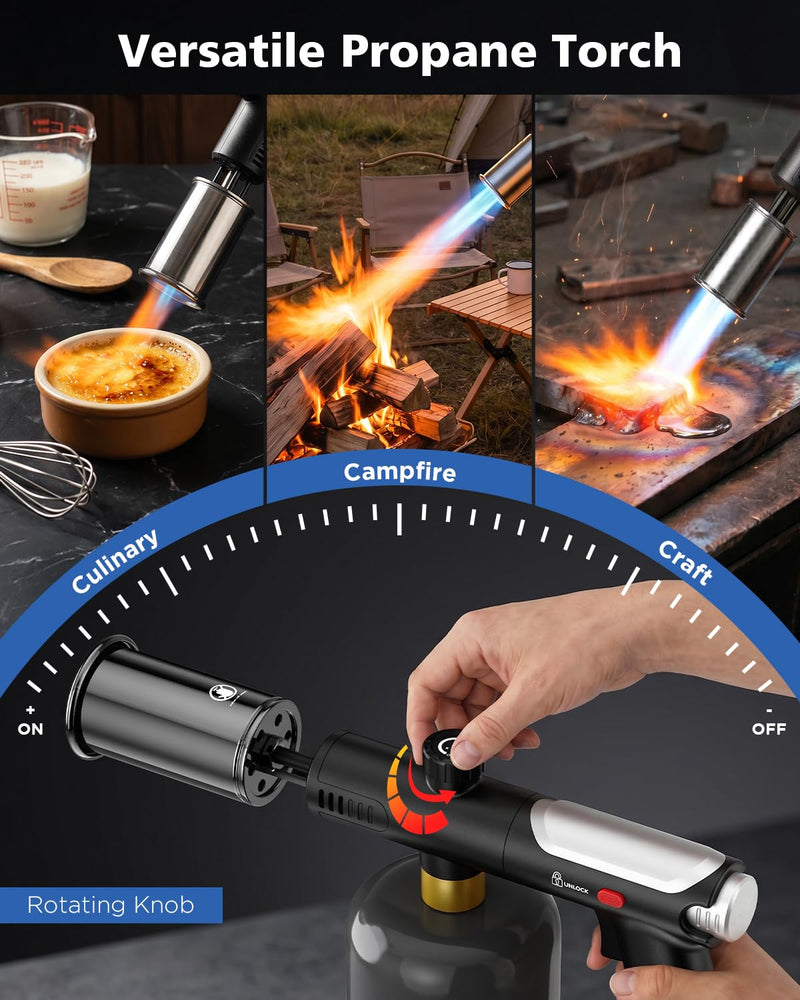 Propane Torch Gun & Weed Burner Torch - Adjustable Flame Thrower Gun with Safety Lock & One-Touch Max Fire, Cooking Blow Torch for Searing, Charcoal Starter, BBQ & Weeding (Tank Not Included)