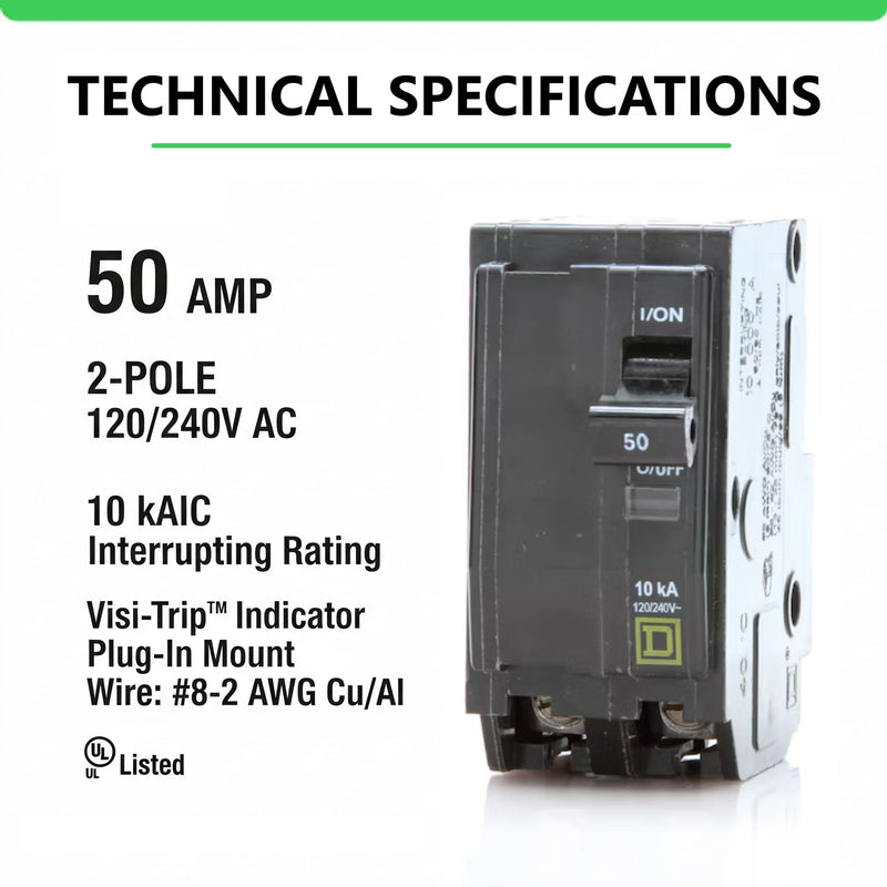 Genuine Square D QO250 Circuit Breaker Kit, 50 Amp (50A) Double Pole (2 Pole), 120/240V AC, 10kAIC, Plug-in Mount for QO Load Centers & Panels, Visi-Trip Indicator, New Replacement 50 Amp Kit