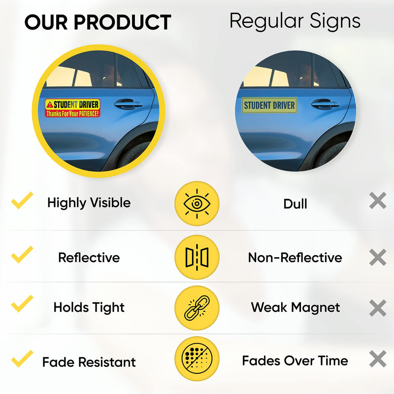 Student Driver Magnet for Car - Extra Strong Hold - 9.72" by 3.24" - 3 Pack - Essential Magnetic New Driver Sticker Signs - Remind Others to Please Be Patient - Bright & Reflective Sign for Rookies Student Driver V1