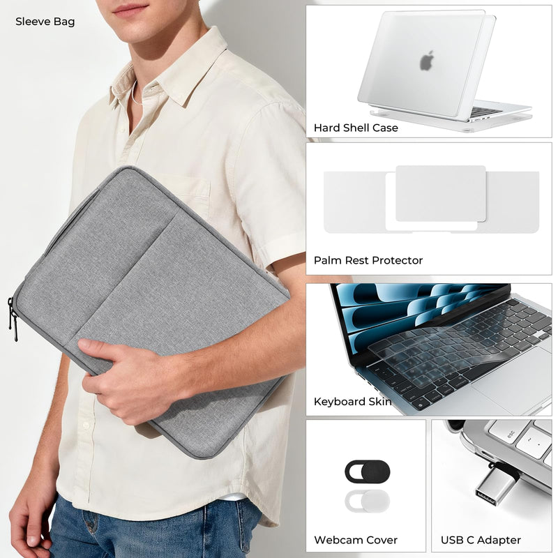 EooCoo Matte Case for MacBook Air 13 inch M5/M4/M3/M2 2026-2022, Clear | 6-in-1 Kit, Easy to Carry, 100% Color-Matched, Scratch & Fingerprint Resistant, Lightweight for Commute, Travel & Campus Matte Clear