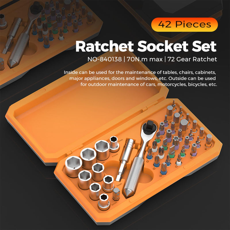 42-in-1 Screwdriver Set Drive Socket Ratchet Wrench Magnetic S2 Bits, 70N.m Household Tool Repairing Kit for Bike, Ebike, Motorbike, Automobile, Furniture, Machinery Service Kit