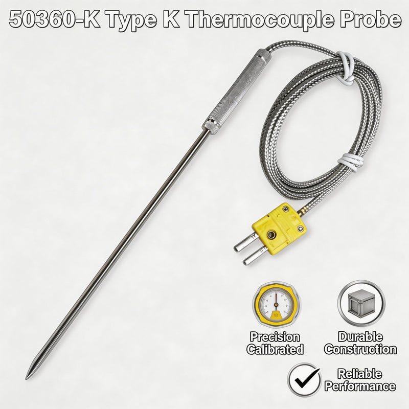 50360-K Type K Thermocouple Probe with 55-inch Stainless Steel Braided Cable. Compatible with Cooper-Atkins Type K Thermocouple Probes Temperature Range -40°F to 1100°F Suitable for ovens and Grills