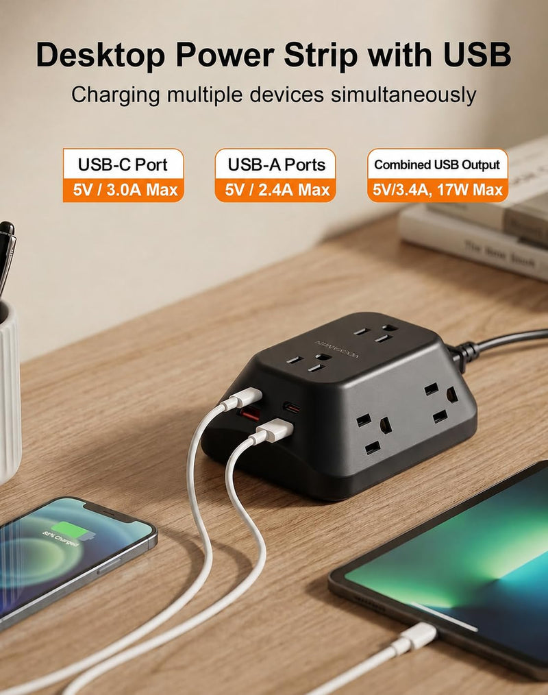 Desk Clamp Power Strip, 6 AC, 2 USB-C & 2 USB-A, 1440J, 6FT Cord | Fits 1.97in Desks, 17W Shared USB Charging, 45° Flat Plug & 3-Side Layout for Home Office, Standing Desk and Gaming Setups 6FT-Black