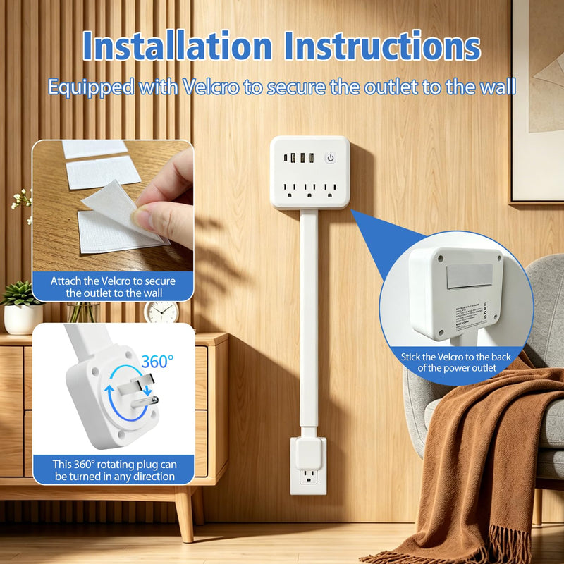 180° Rotating Outlet Extender Stick with 3 AC & 4 USB | Telescopic Extension, Behind Couch Space Saving, Surge Protector, 6-in-1 Multi Plug Wall Splitter Charging Station