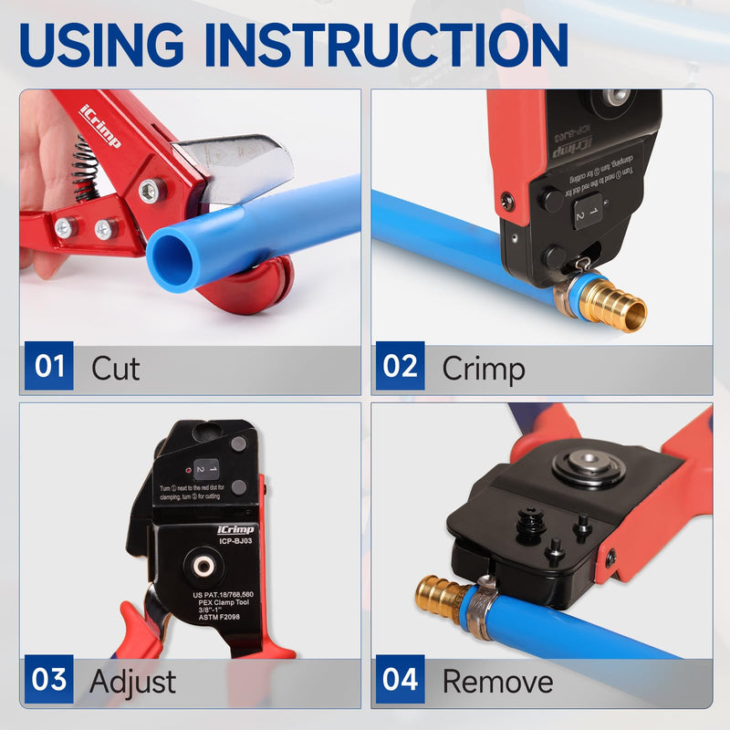 iCrimp One-Hand PEX Pipe Cinch Tool Kit, PEX Crimping Tool with Removing Function for 3/8-1 inch Clamp Rings, with 20PCS 1/2-in, 10PCS 3/4-in PEX Clamps and Pipe Cutter Auto Release Cinch & Remove Kit