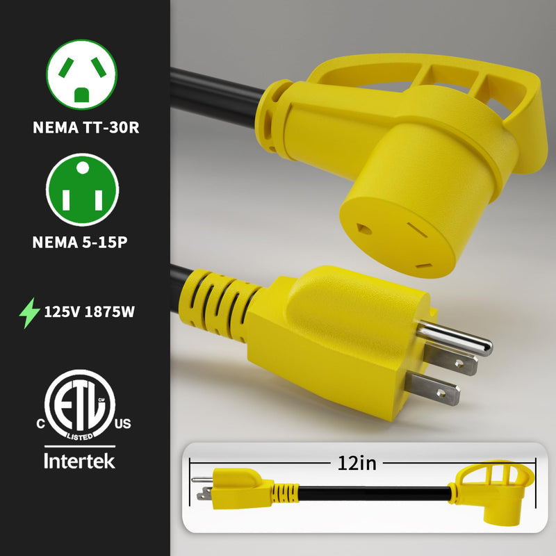 RV 30 Amp to 110 Adapter 12 inch, Heavy Duty 10/3 Gauge RV Electrical Adapter, NEMA 5-15P Male to NEMA TT-30R Female, STW 10AWG 15A 125V 1875W, Black-Yellow, ETL Listed 5-15P to TT-30R