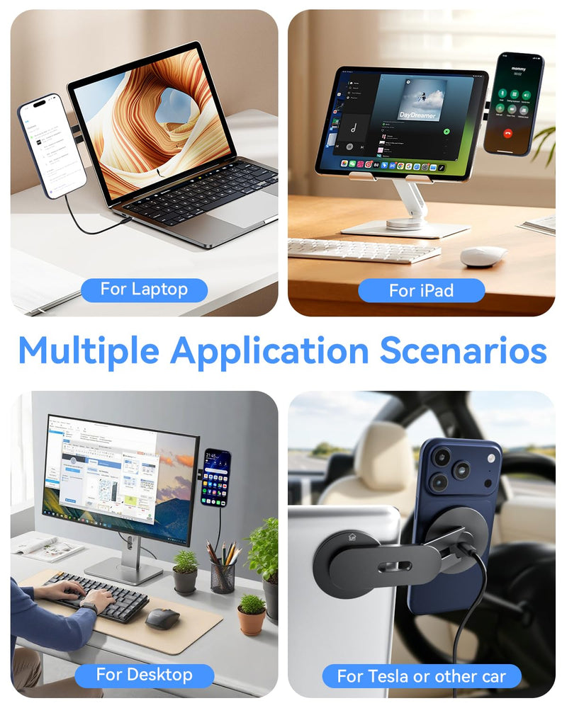 Magnetic Laptop Phone Holder Charger Compatible with MagSafe iPhone, 15W Fast Wireless Charger, 110° Foldable & 180° Adjustable Side Phone Mount for Computer/Tesla/Monitor/All Phones, Black