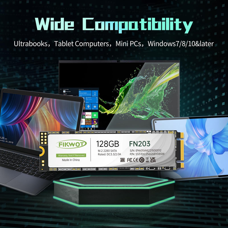 Fikwot FN203 M.2 SATA SSD - SLC Cache 3D NAND TLC SATA III 6Gb/s M.2 2280 NGFF Internal Solid State Drive, Up to 550MB/s, Compatible with Ultrabooks, Tablet Computers and Mini PCs (128GB) 128GB