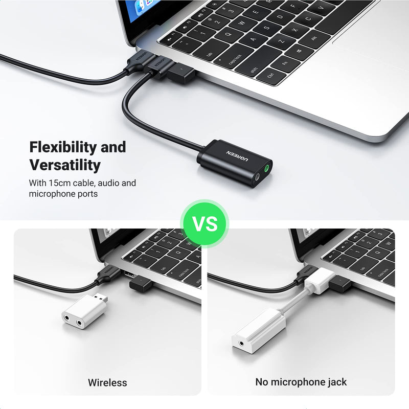 UGREEN USB to Audio Jack Sound Card Adapter with Dual TRS 3-Pole 3.5mm Headphone and Microphone USB to Aux 3.5mm External Audio Converter for Windows Mac Linux PC Laptops Desktops PS5 Switch 2 black