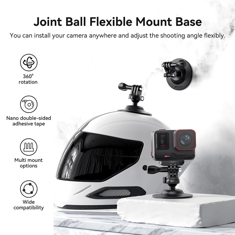 Adhesive Ball Joint Mount 360° Rotation for Action Camera, Compatible with GoPro Hero 13 12 11 Insta360 DJI Osmo Action, Adjustable Bracket for Motorcycle Helmet, Auto Windshield, Surfboard Mounting