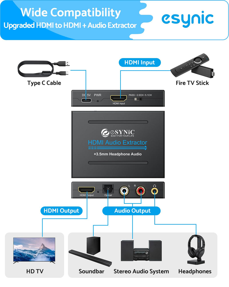 eSynic Portable 4K@30Hz HDMI Audio Extractor-No ARC/eARC & Not from HDTV to Soundbar-Easy to Setup-Metal Shell-for Gaming Consoles/Fire TV Stick to HDMI Monitor & Optical or 3.5MM & L/R Audio System