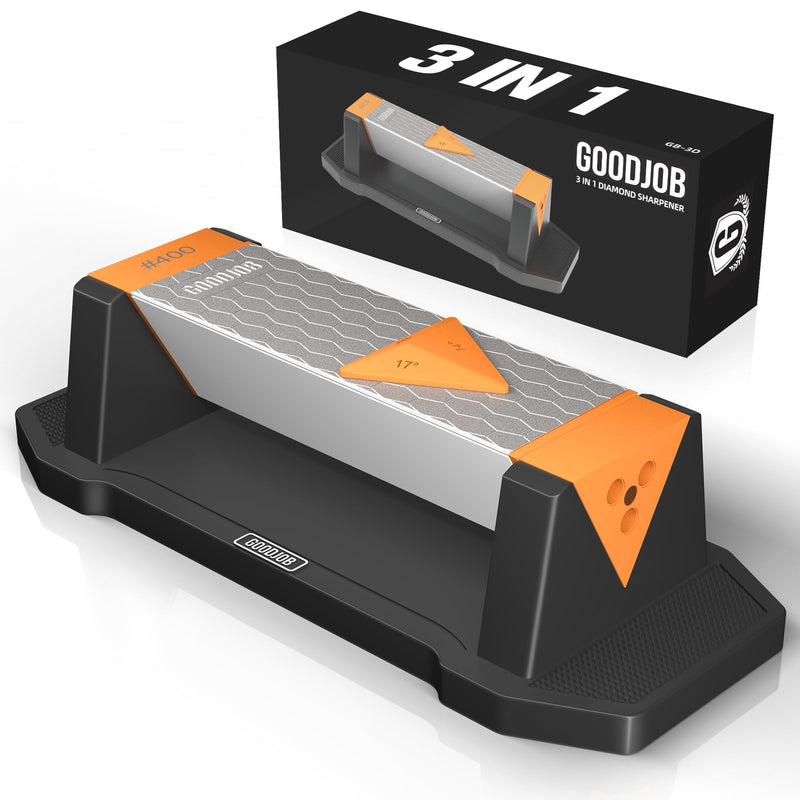 Goodjob Diamond Sharpening Stone 3 Side Grit 400/1000/8000 Premium Industrial Diamond & Ceramic Whetstone Knife Sharpener Suitable for Steel of any Hardness with Angle Guide and Non-Slip Base (GB-3D) Small