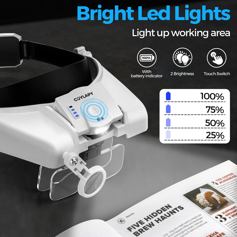 Magnifying Glasses with Light, Headband Magnifying Glasses for Close Work, 1x - 14x Hands-free Magnification Headset with 5 Lenses & Two Led Lamps, Jewelers Loupe Visor Head Magnifier for Hobby, Craft White