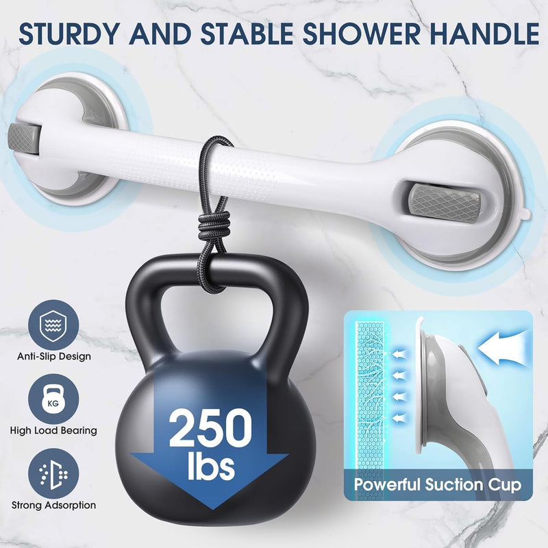 Auroras Strong Suction Cup Grab Bars for Bathtubs and Showers, 2 Pack Removable Heavy Duty Shower Grab Bars for Seniors No Drilling, 16 Inch Non-Slip Shower Handles for Elderly,Children,Injured Gray