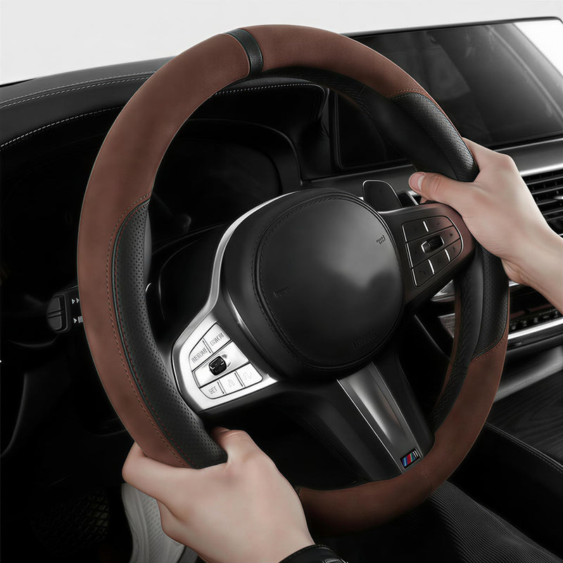 Suede & Napa Leather Steering Wheel Cover for Men Women, Universal Fit 14.5" to 15", Sweat-Absorbent Breathable Auto Protector for Summer & Winter Driving, Odorless Car Accessories(Coffee) Brown