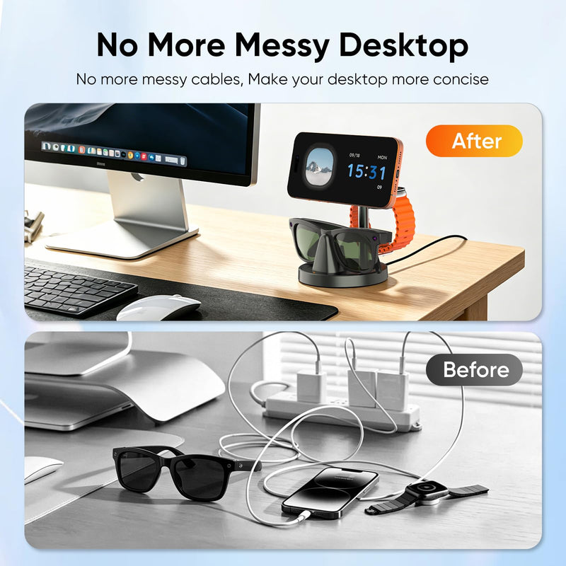 3 in 1 Fast Charging Station for RayBan Meta Gen1/2, Oakley Meta HSTN, Charger for iPhone17/16/15/14/13/12, for Apple Watch Ultra/Ultra 2/ Ultra 3/SE/S1 to S11