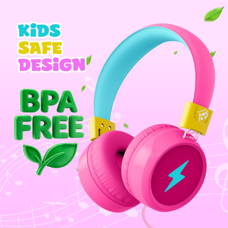 Owliwise Kids Headphones for School and Travel, Safe 85/94dB Volume Limiter, HD Microphone, Stereo Sound, Over-Ear Foldable Wired Headphones, 3.5mm Jack for iPad Cord, Chromebook, Boys Girls Pink