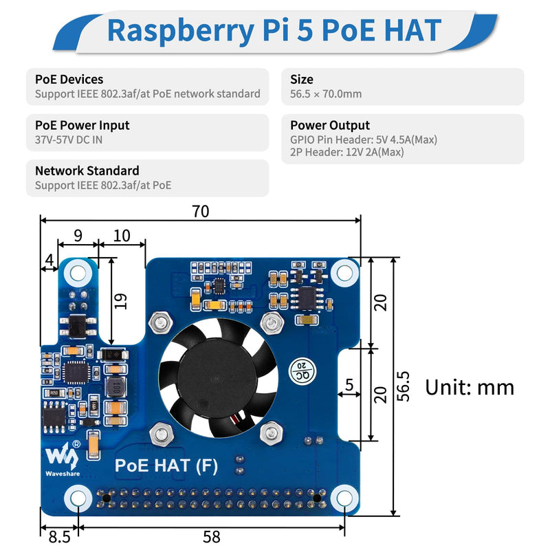 MakerFocus PoE HAT(F) for Raspberry Pi 5, Power Over Ethernet Hats with Metal Heatsink and Active Cooling Fan, Supports IEEE 802.3af/at Network, 5V/12V Power Output and SMPS